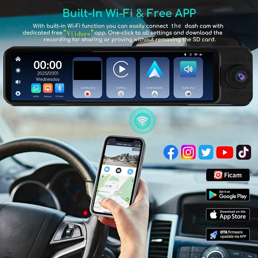 كاميرا مرآة ذات 3 قنوات مقاس 11 بوصة مع كاميرات أمامية 4K وخلفية 1080 بكسل داخل المقصورة ورؤية ليلية محسنة ومستشعر G وشاشة ركن السيارة، Tr