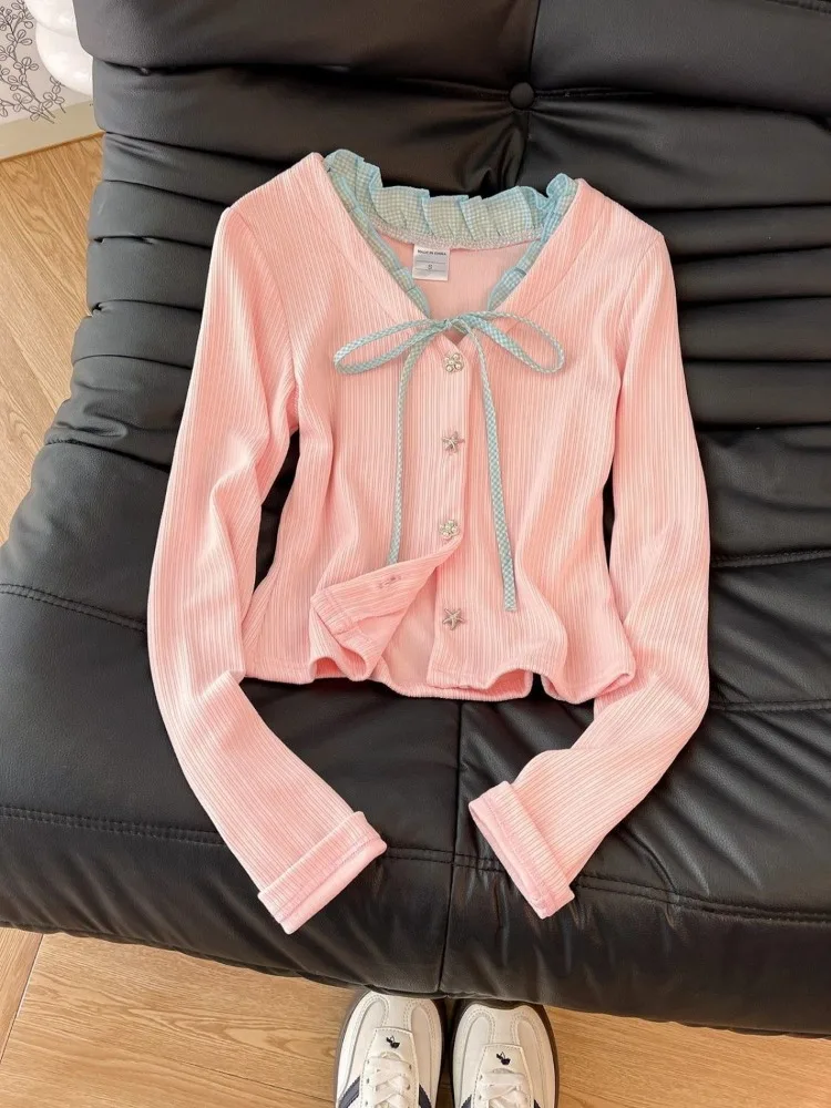 Long Sleeve Cardigan Women Korean Chic Patchwork Ruffle V Neck Bandage Chic Tops Autumn Fashion Y2k Aesthetic Jackets