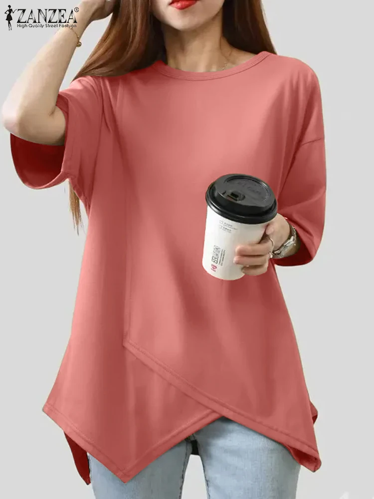 

ZANZEA Women Asymmetrical Simple Tops 2024 Summer Short Sleeve Tees Fashion Round Neck Tunics Casual Loose Solid Knitted T Shirt