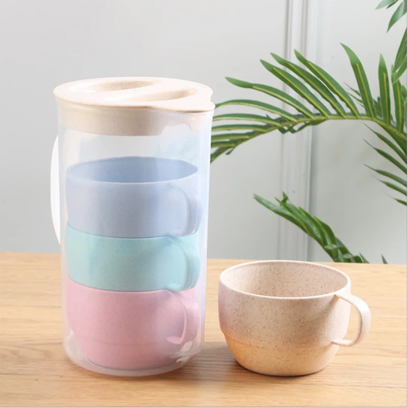 

Reusable Eco Friendly Plastic Biodegradable Wheat Straw Cup Drinking Cup Set Drinking Kettle Portable Kettle Set Picnic Sharing