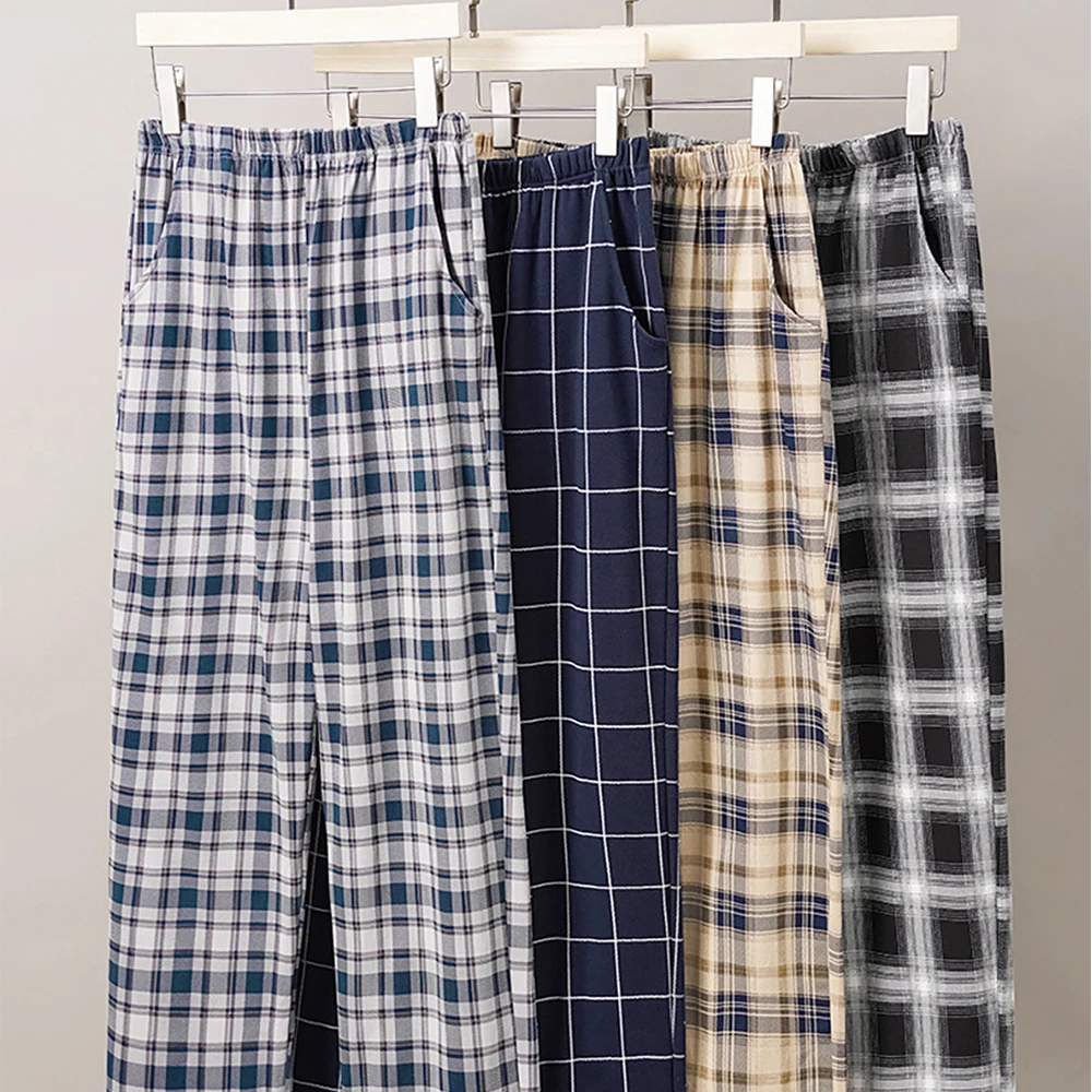 

100% Cotton Sleepwear Spring Autumn Casual Plaid Solid Pajama Pants 3XL Comfort Male Pajamas Elastic Waist PJ Pants pyjama homme