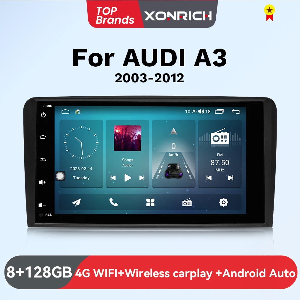 Lettore autoradio wireless Carplay per Audi A3 8P 2003 - 2013 Android 14 Multimediale per auto 8GB + 128GB Autoradio 4G Wifi AI Voce GPS