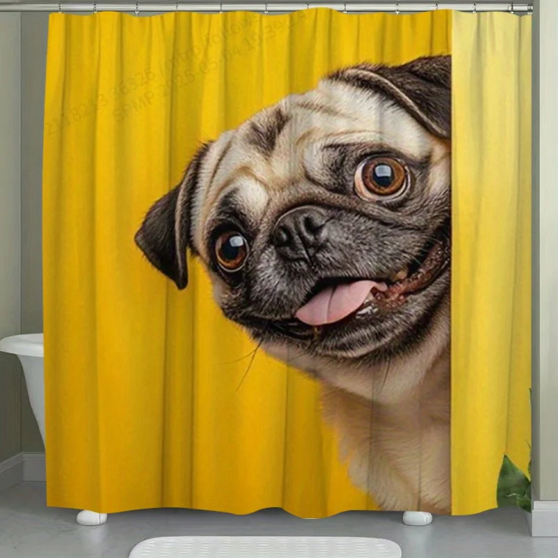 1pc Cute Pug Dog Shower Curtain - Durable Polyester Bathroom Decor with Vibrant Yellow Background & Playful Animal Print