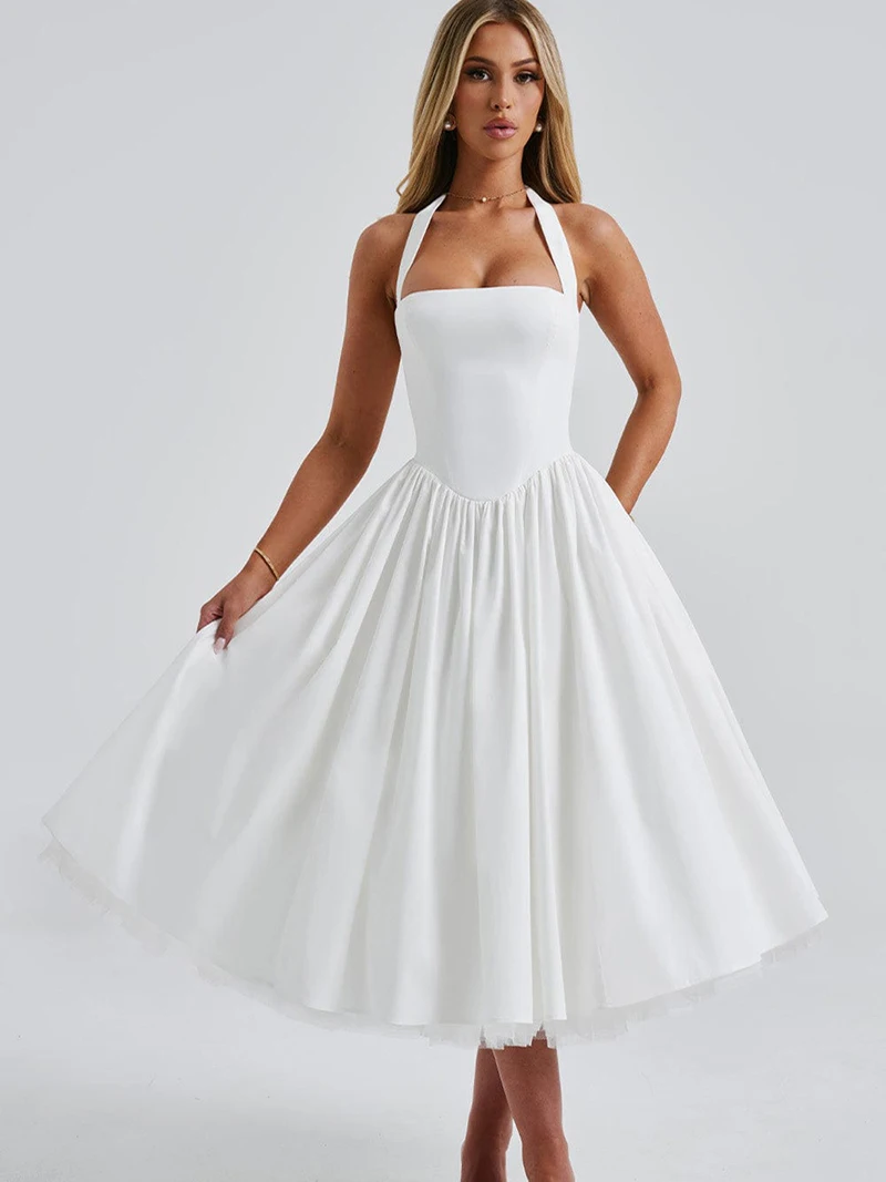 

Elegant White Halter Neck A-Line Dress Women Satin Puffy Cocktail Dresses Summer Sleeveless Homecoming Wedding Guest Gowns