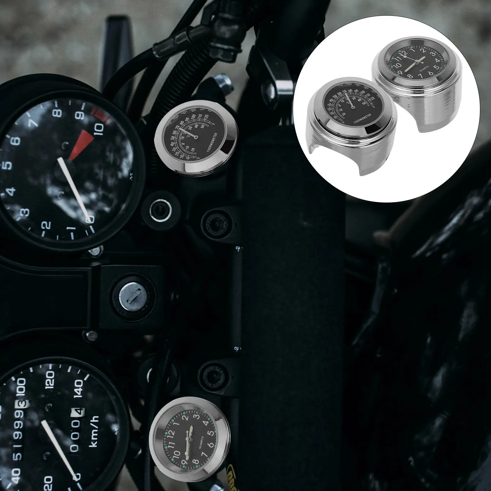 2Pcs Motorcycle Clock Thermometer Set Aluminum Alloy Waterproof Corrosion Resistant Easy Install Fit 22-25Mm