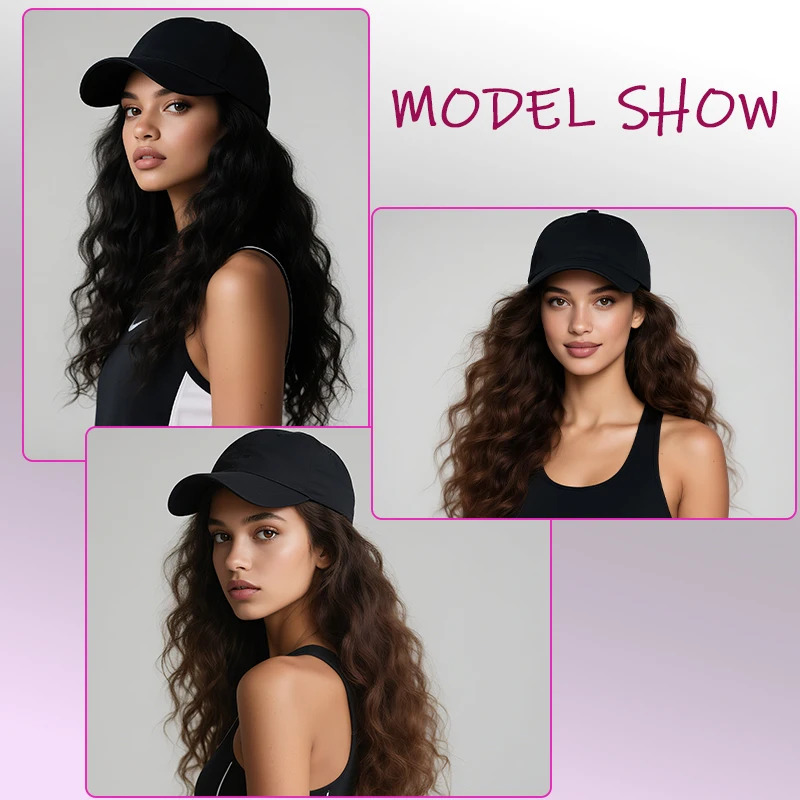 Peluca de sombrero para mujer, peluca de gorra de béisbol de onda larga con extensiones de cabello sintético rizado, peluca de gorra de béisbol negra marrón ajustable