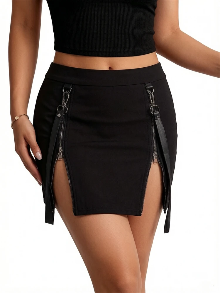 Zipper Fly A-Line Skirt Women Harajuku Gothic Black High Waist Double Zip Elegant Slit Mini Clothes Office Lady Festival