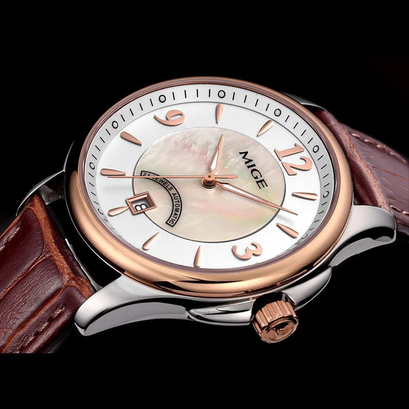 MIGE Men Automatic Watch Shell Dial Two Tone Case Brown Leather Strap Date Waterproof Mechanical Male Wristwatch