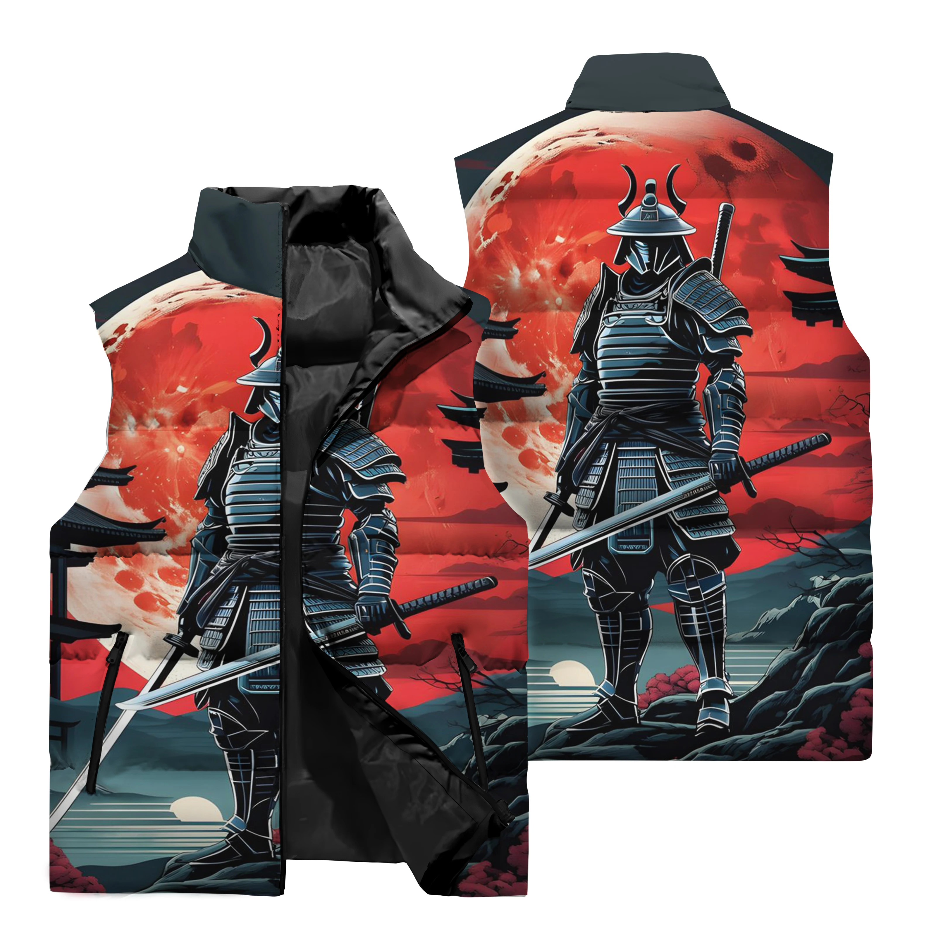 Winter Men\'s Sleeveless Vest 3D Printed Samurai Jacket Outdoor Cycling Windproof Jacket Street Hip Hop Casual Fashion Clothing