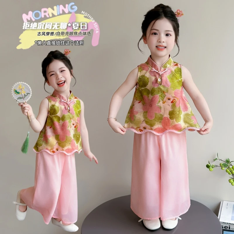 Preschool girls' new Chinese style two-piece clothing set, sleeveless flower embroidered top and wide leg pants set