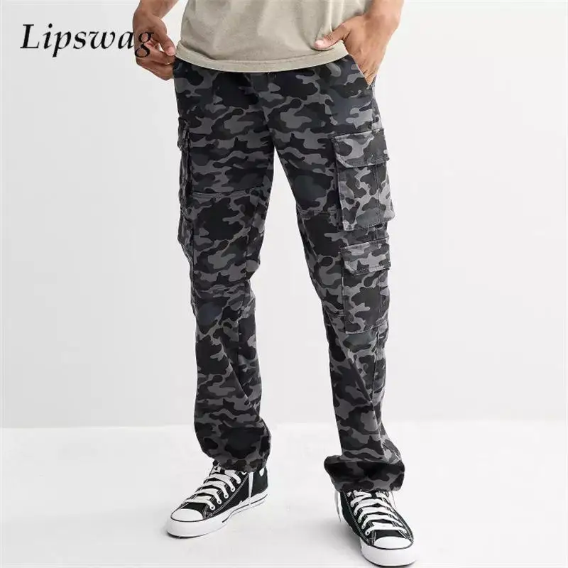

Fashion Camouflage Print Cargo Pants Mens New Casual Multi Pockets Patchwork Trousers Spring Autumn Men's Stylish Lace-up Pants