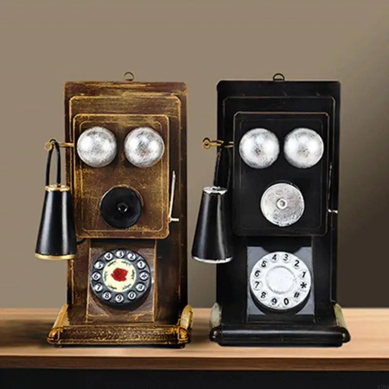 Retro Metal Antique Telephone Model Decorative Figurine Vintage Rotary Phone Ornament for Home and Office Desktop Decors 87HA