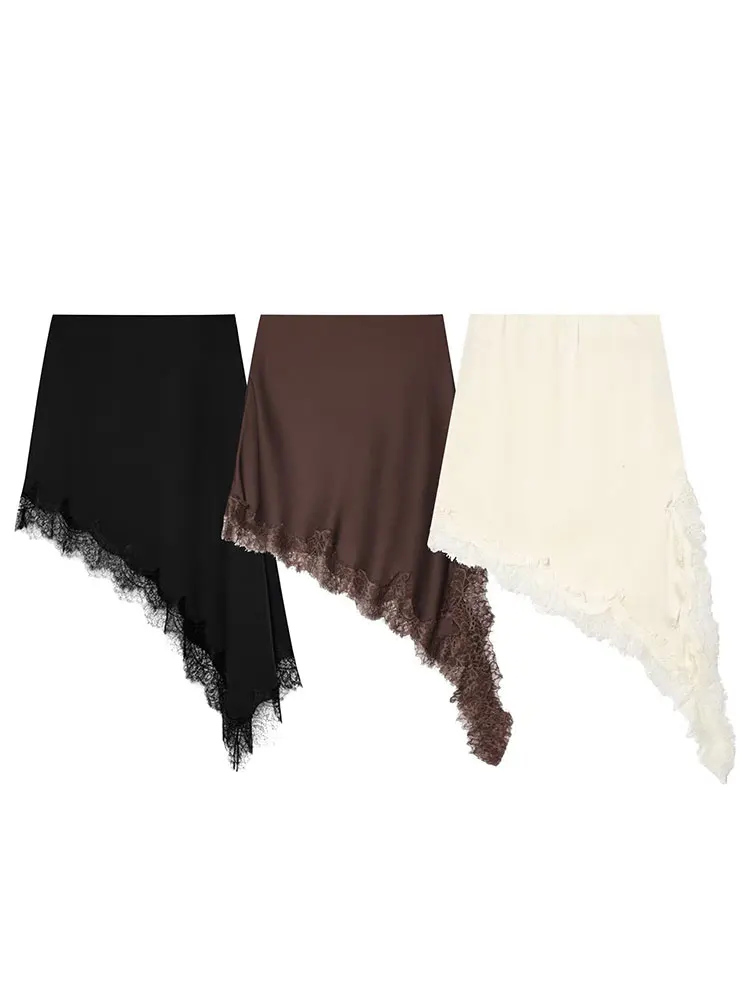 HH Women Elegant Fashion Asymmetrical Lacesplice Skirts High Waist Elastic Waist Midi Skirt Summer Casual Holiday Chic Skirts