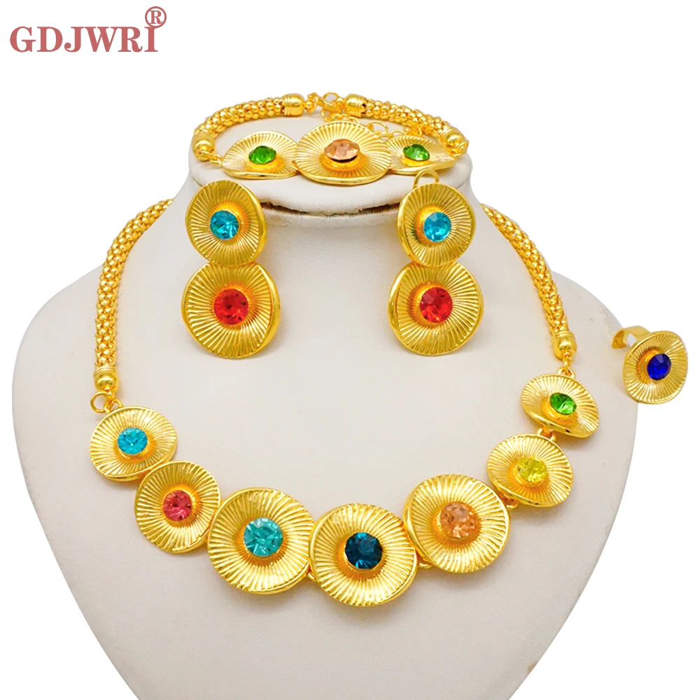 Luxus Dubai Gold Farbe Doppels chicht Halskette Schmuck Sets für Frauen afrikanischen Wasser tropfen Kristalls chmuck indischen Set Geschenke – Detail 12