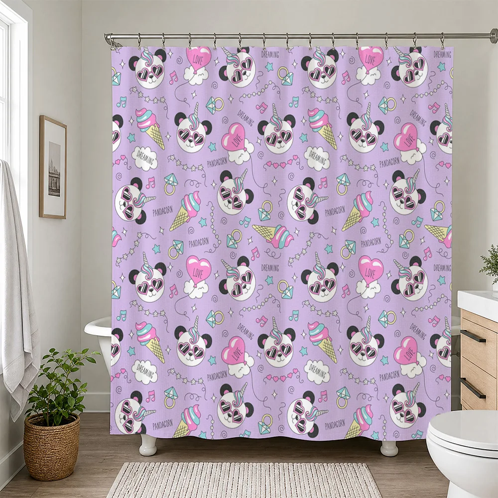 Cute Panda Unicorn Kawaii Pattern Waterproof Shower Curtain Liner for Bathroom Decor Novelty Gift Pink Purple Dreamy Shower Curt