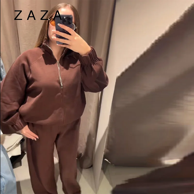 

Осенне-зимняя куртка-брюки для женщин, однотонная куртка на молнии с длинным рукавом и высоким воротником, брюки с эластичной резинкой на талии, новинка 2023 года, женская повседневная одежда