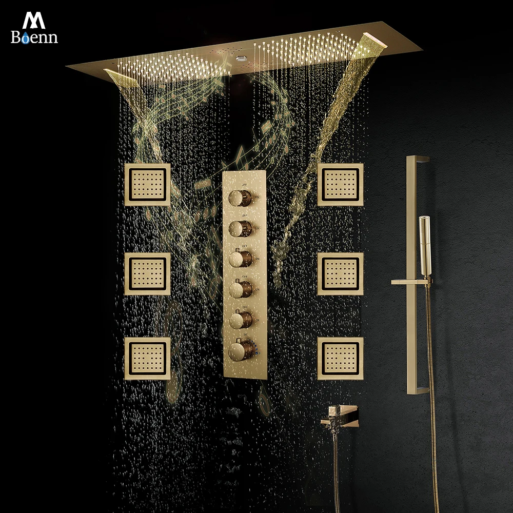 M Boenn Brushed Gold Shower System Set Bathroom Smart Thermostatic Shower Faucet Ceiling Music Showerhead Wall Massage Body Jet