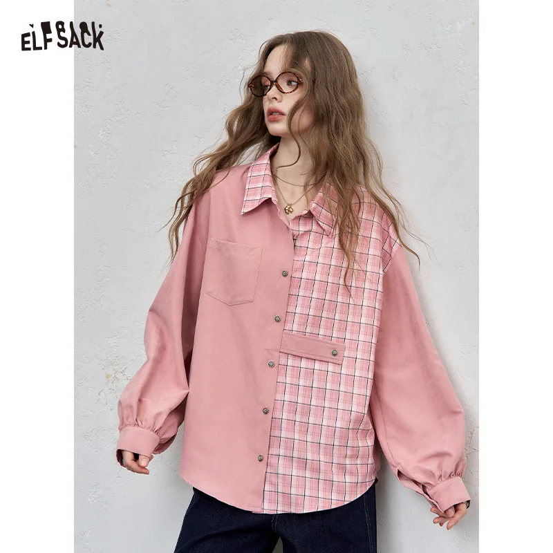 

ELFSACK 2025 Autumn New Arrival Casual Asymmetric Plaid Shirt Oversized Patchwork Long Sleeve Top For Woman