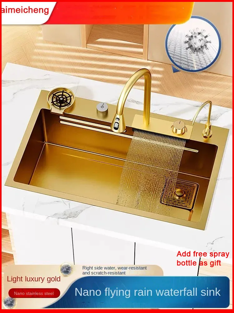 Digital Display Waterfall Kitchen Sink Large Single Slot Nano Stainless Steel Sink Undercounter Honeycomb embossed kitchen sink