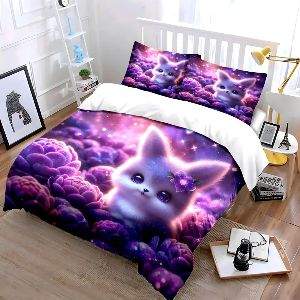 Adorable Pet in Purple Fantasy Flowers Print Bedding Set 1 Duvet Cover 2 Pillowcases for Adult and Children Luxury Gift