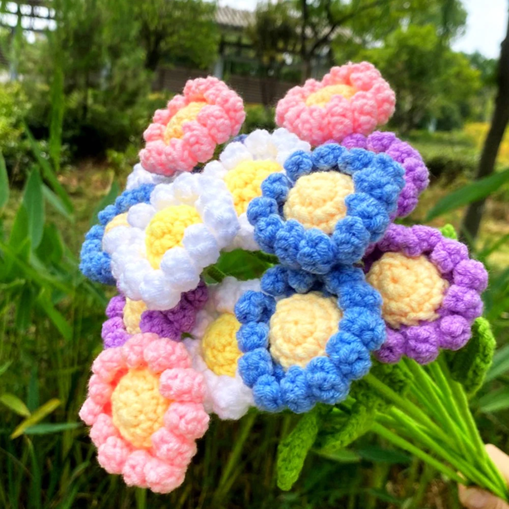 

10pc Knit Daisy Flowers Bouquet Finished Knitted Homemade Yarn Crochet Chamomile Flower Decorative Wedding Home Table Decoration