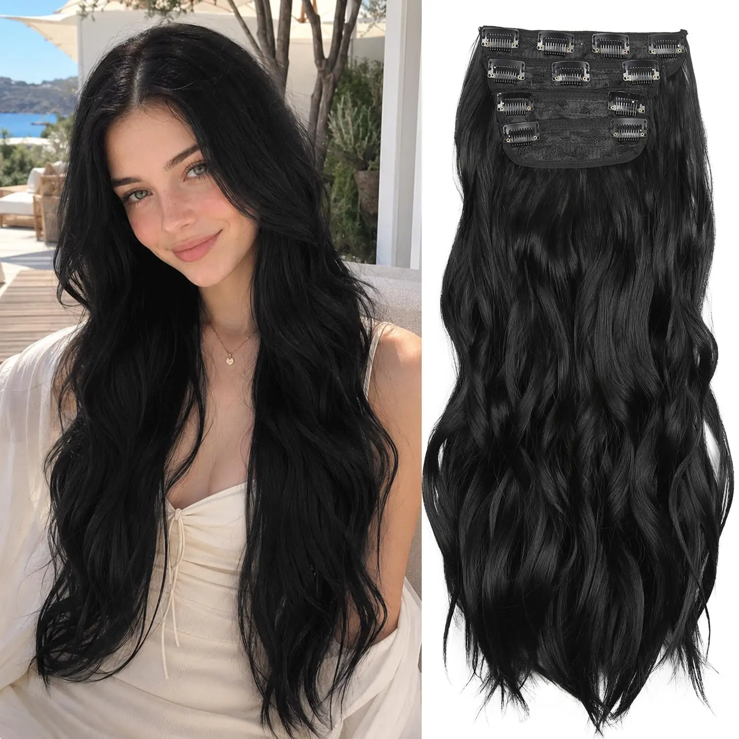 Full Head Wavy Synthetic Clip‑In Hair Extensions 20 Inch Thick Brown Black Hairpieces For Women Daily Party Festival Use