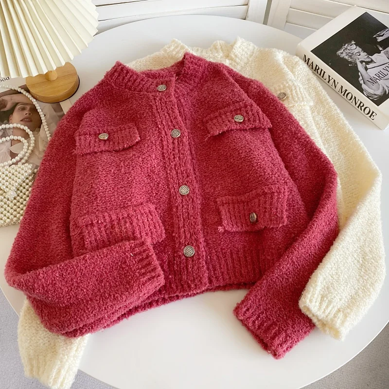 

Retro Stand Collar Long Sleeve Short Knitted Sweater Coat for Women Autumn Winter New Style Fashionable Pure Color Slim Fit Top