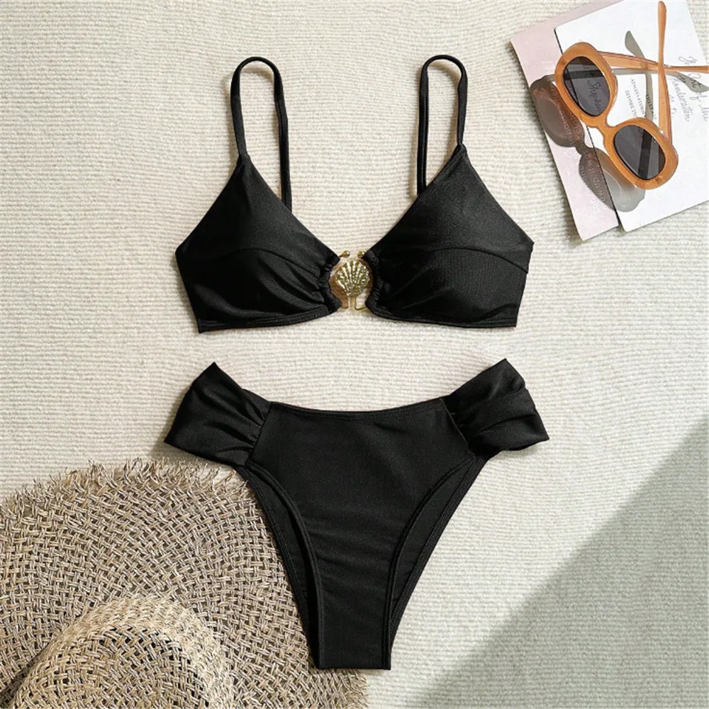 Metal Shell Ring Swimwear Sexy Wine Red Bikinis Sets Swimsuit Women 2025 Ruched Bathing Suit Swimming Wear Bikinis De Mujer