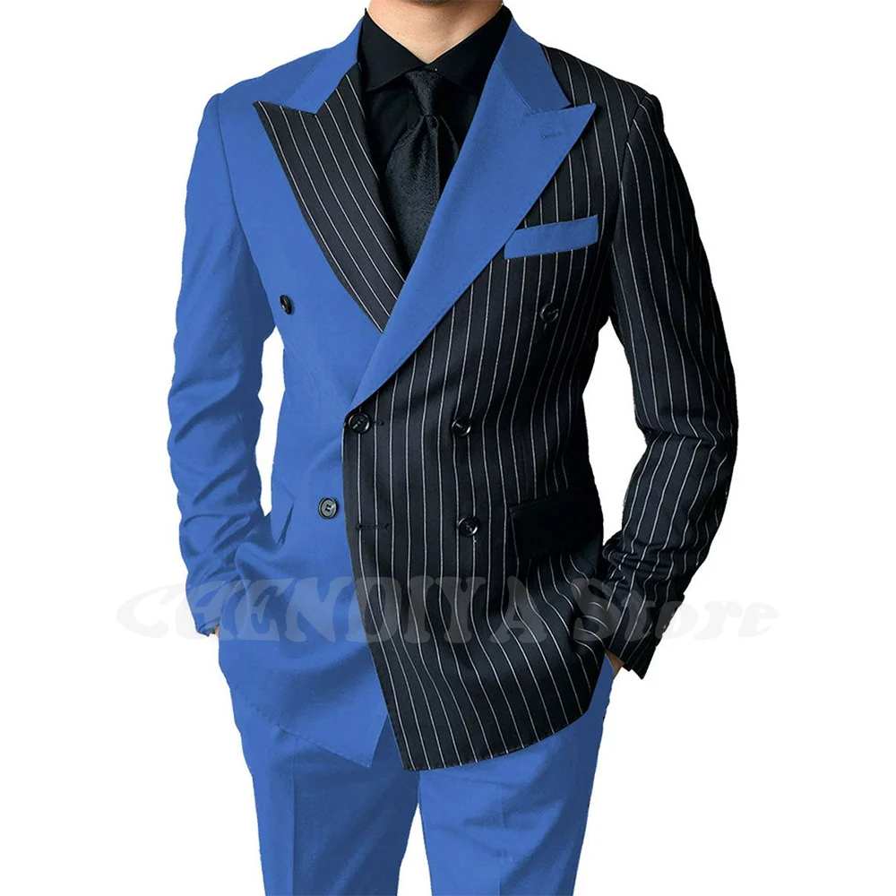 

Elegant Contrast Striped Suit Men Complete Classic Fit Peaked Lapel Tuxedo Outfit Two Pieces Formal Office Groom Wedding Set