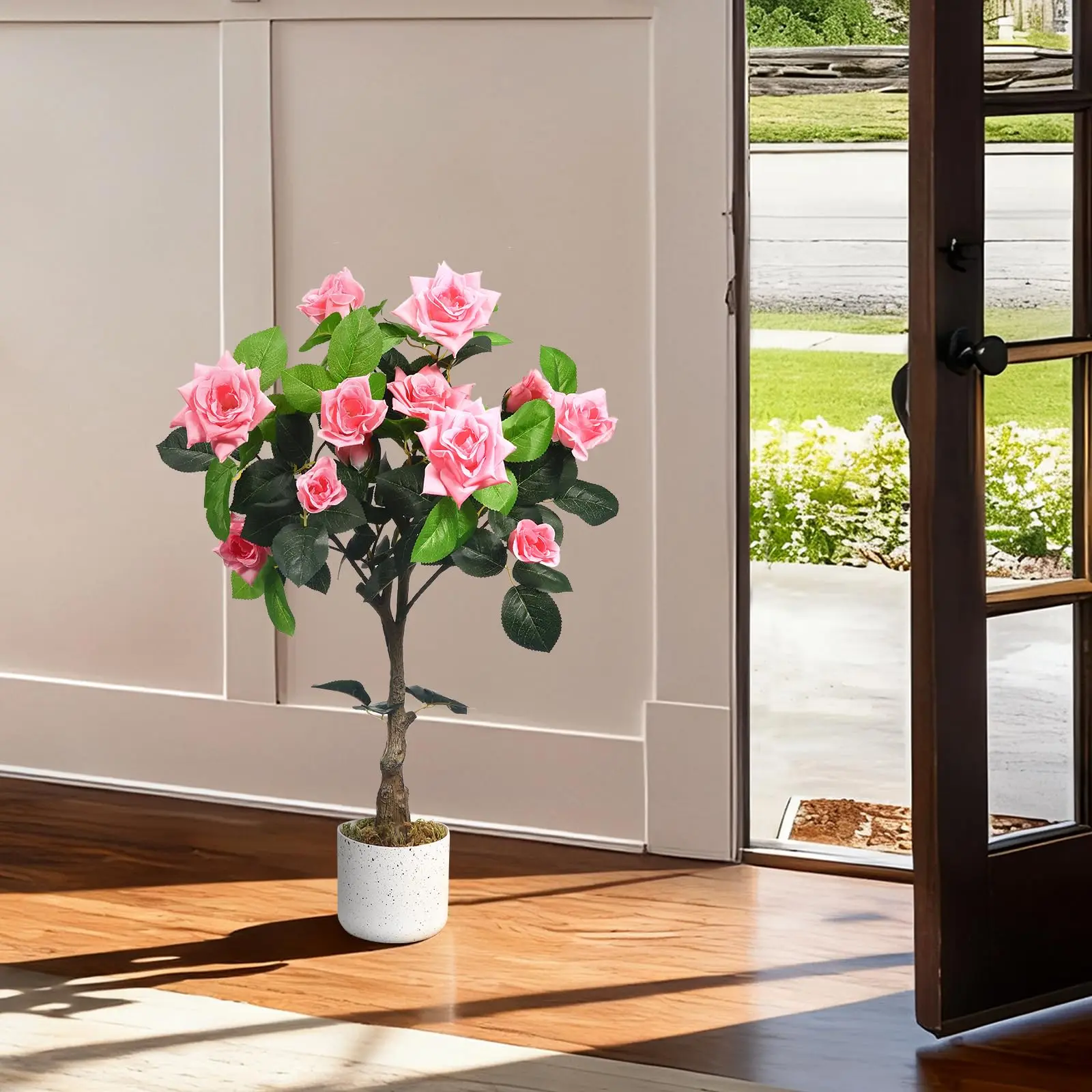 Albero di rose artificiale in vaso dall'aspetto naturale – pianta ornamentale con fiori e tronco/foglie, facile da curare per casa/ufficio/balcone