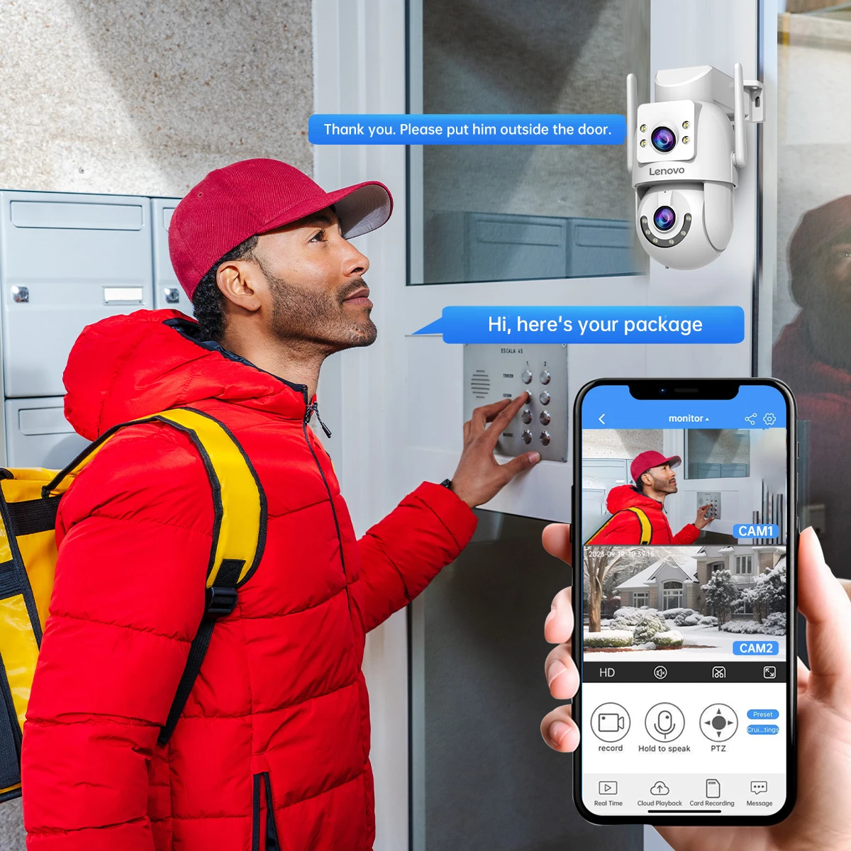 كاميرا لينوفو الأمنية الخارجية 4K HD IP مع عدسة مزدوجة PTZ اللون للرؤية الليلية CCTV حماية المراقبة بالفيديو