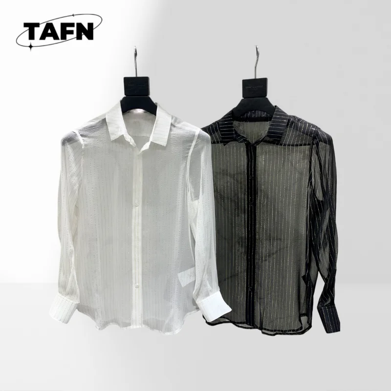 

New Silk Gold Line Shirt Women’s Button Down Shirt Color Block Casual Blouse Ladies Blouse Chiffon Long Sleeve Casual AH0142