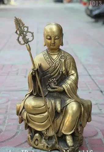 Chinese Copper Brass Sit Stone TangSeng Ksitigarbha Bodhisattva Buddha Statue