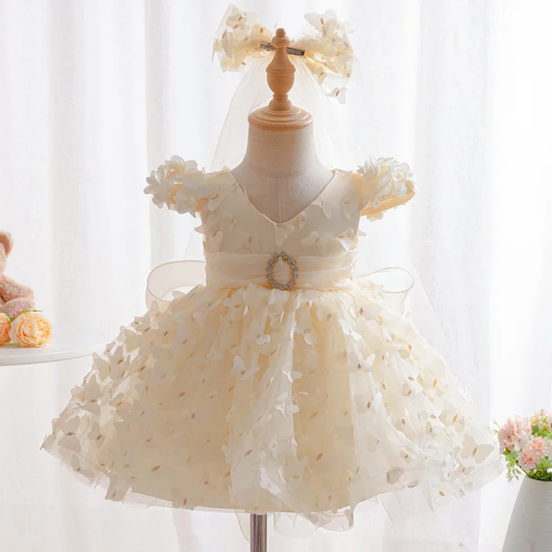 New Stumbling Baby Girl Butterfly Fluffy Gauze Dress Girls First Birthday Washing Dress Newborn Formal Christmas Dinner Clothing