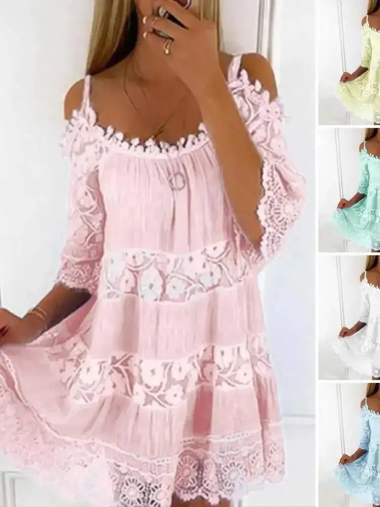 Embroidery Crochet Lace Cold Shoulder Mini Dress Women Scoop Neck Half Sleeves Mid-Rise Loose Fit Summer Dress Lady Beach TSR8