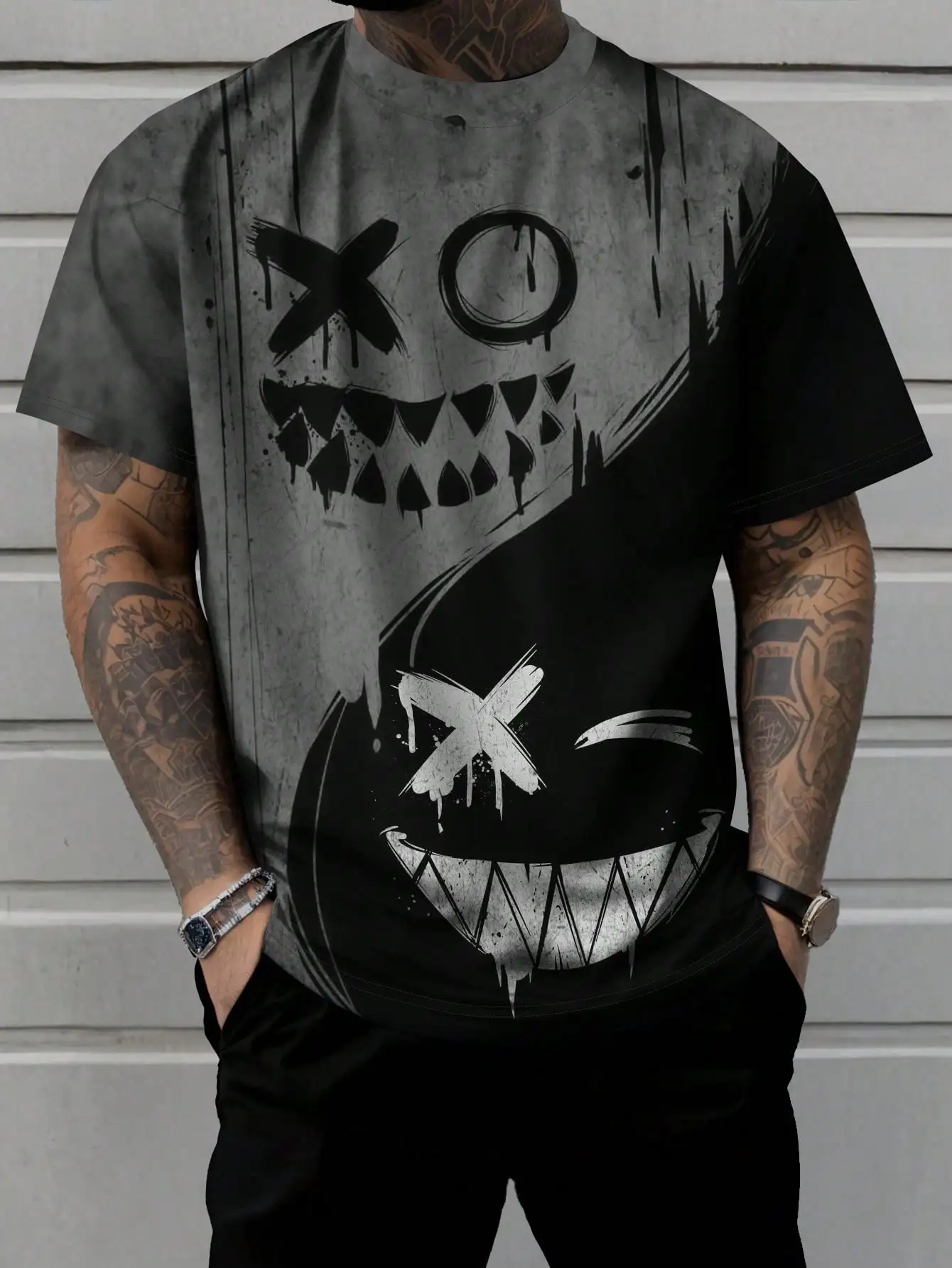 

Men's Gothic Grunge Skull Print Round Neck Short Sleeve T-Shirt for Casual Summer Wear