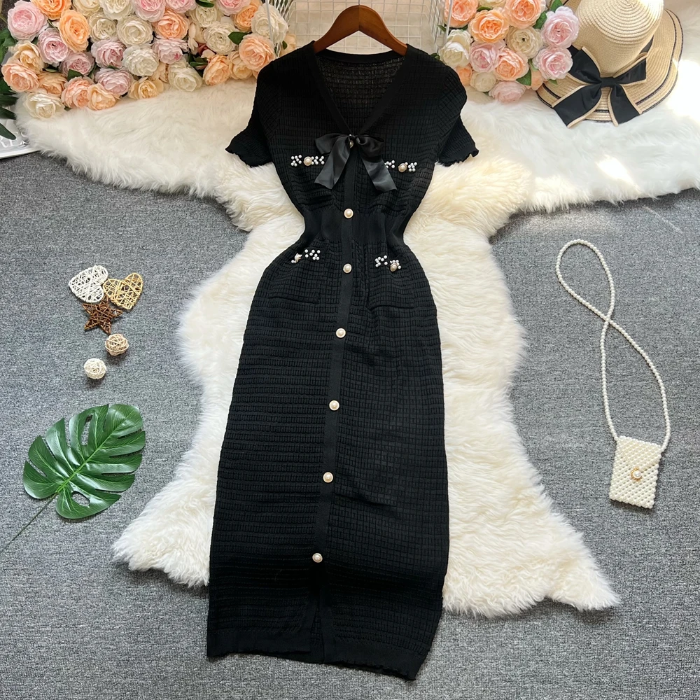 YuooMuoo Chic แฟชั่นเซ็กซี่สะโพกถักฤดูร้อนชุดผู้หญิงโบว์ V คอแขนสั้น Elegant Office Lady เสื้อกันหนาวชุด