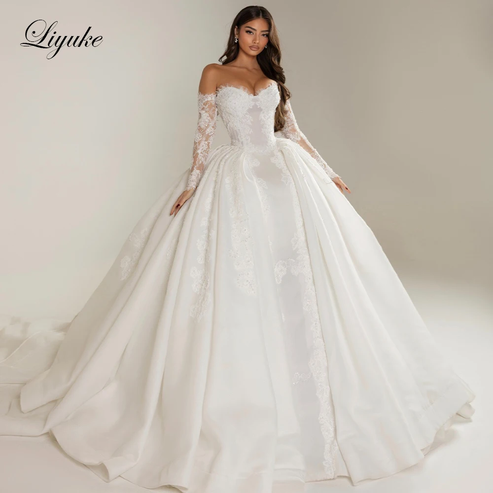 Liyuke Custom Made Sweetheart Ball Gown Wedding Dresses Beaded Pearls Appliques Elegance Bridal Skirts With Removable Sleeves
