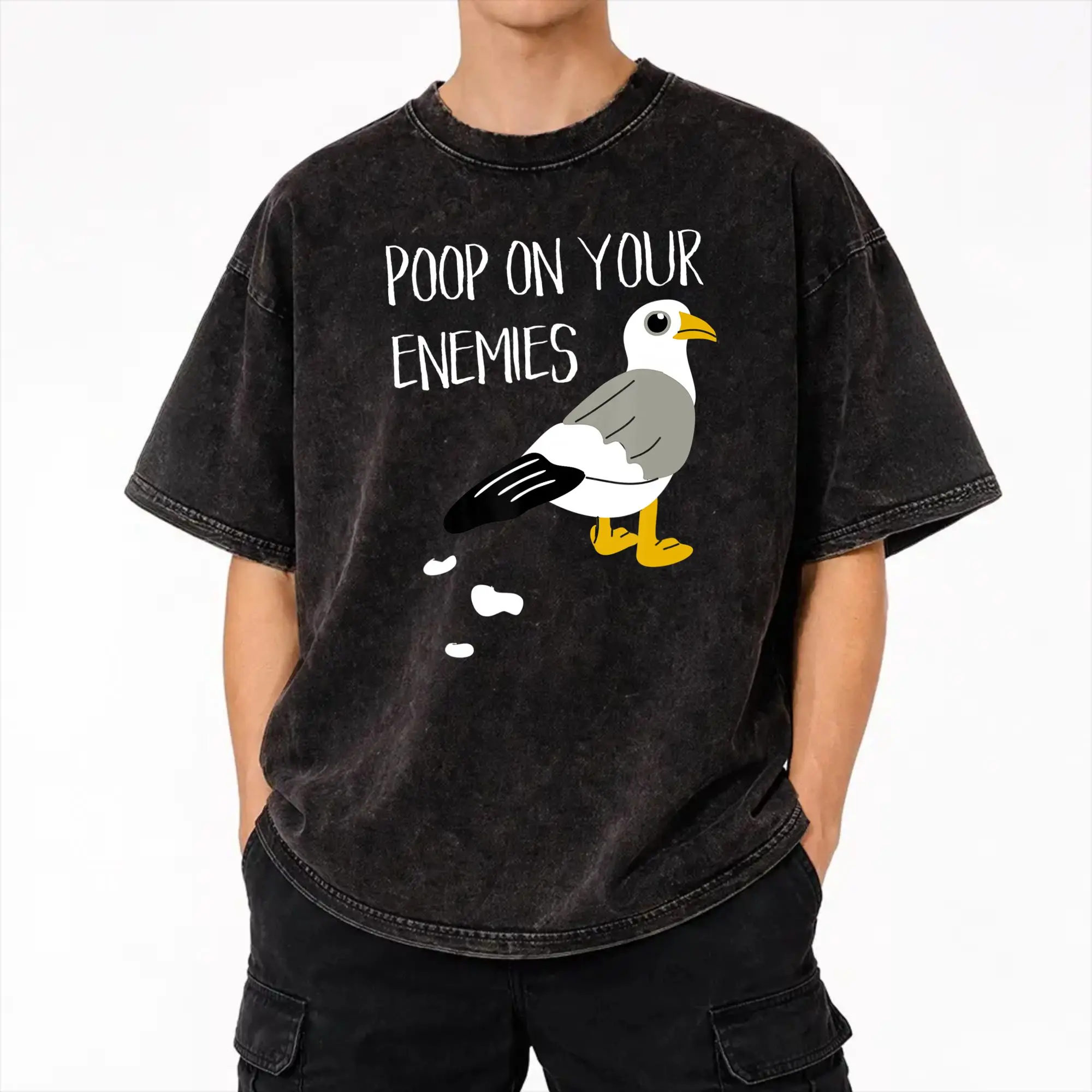 Poop On Your Enemies Funny Cartoon Seagull  T Shirts Hip Hop Washed Cotton Oversize T-Shirts  Vintage Men Women Streetwear