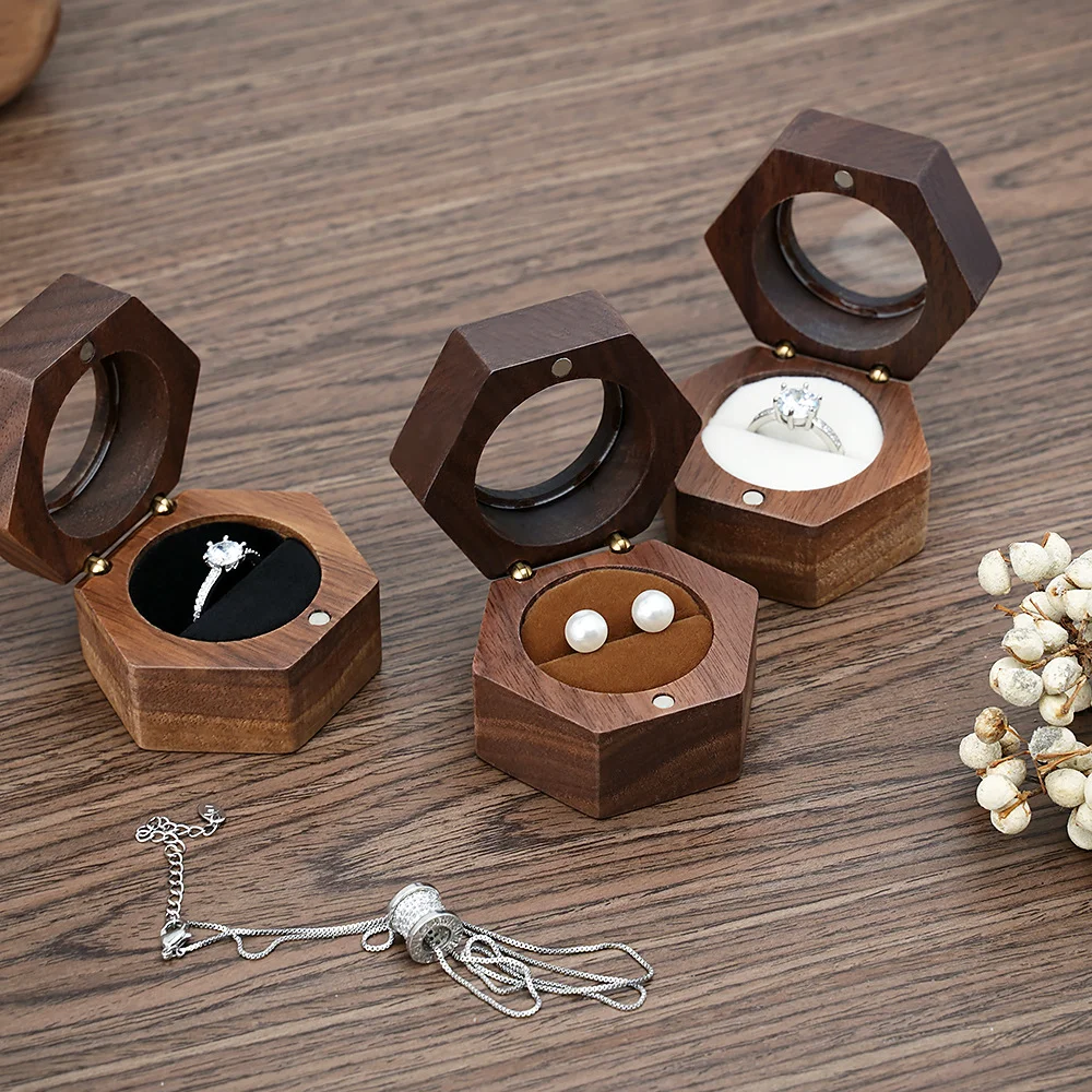 

Engagement Retro Hexagon Jewelry Box Velvet Mini Ring Carrying Case Tool Home Furnishings Dustproof Necklace Earring Storage Box