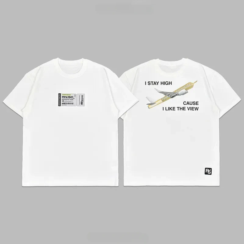 I Stay High Airplane Bottle Double‑Sided Y2K Street Trendy Brand Graphic Tee Cotton Mens Womens T-Shirt Summer Streetwear