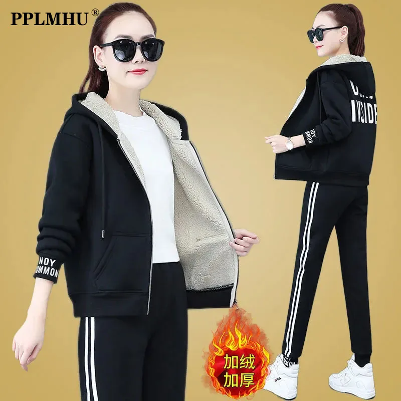 Faux Lambswool Zip Up Sweatshirt Casual Warm Fleece Pant Suit Autumn Winter Plus Velvet Thick Hooded Tracksuit Women 2 Piece Set