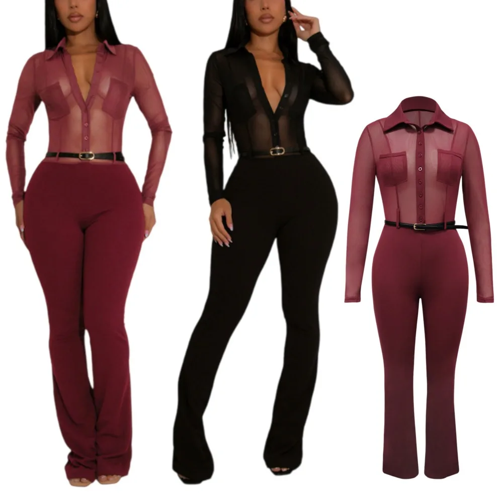 

HLJ Sexy Women Collar Button Sheer Mesh Jumpsuit Long Sleeve Deep V See Through Bodycon Flare Leg One Piece Romper Streetwear
