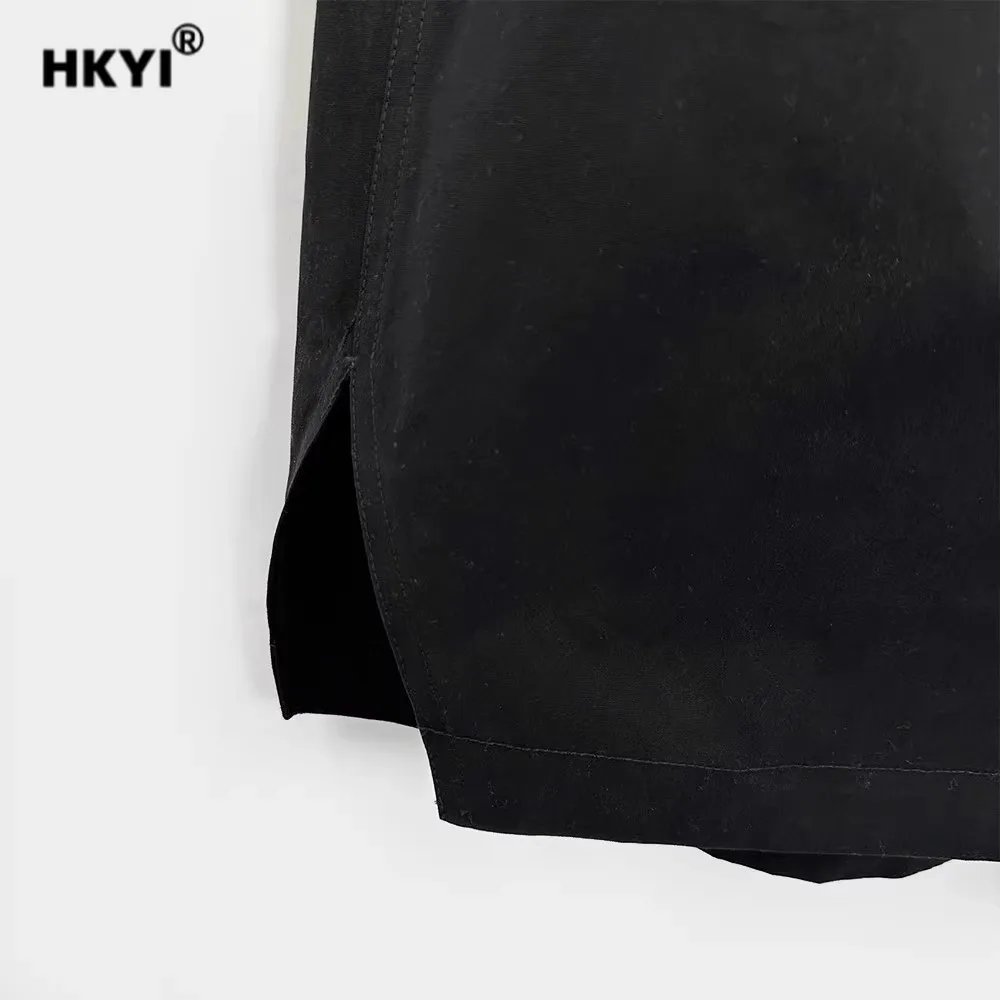 HKYI Men's and Women's Spring/Summer Black Split Five Part Pants with Drawstring Elastic Loose Wide Leg Shorts