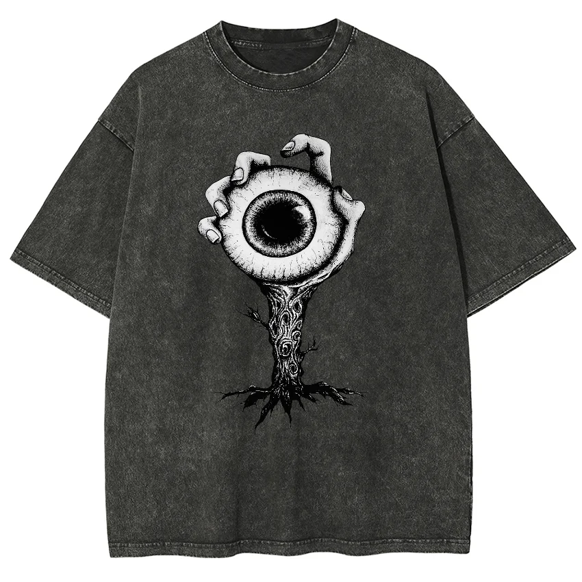 One Eye Print Plus Size T-shirt Summer Pop Retro Washed Short-sleeved  Harajuku Streetwear Graphic Sportswear Cotton  2024