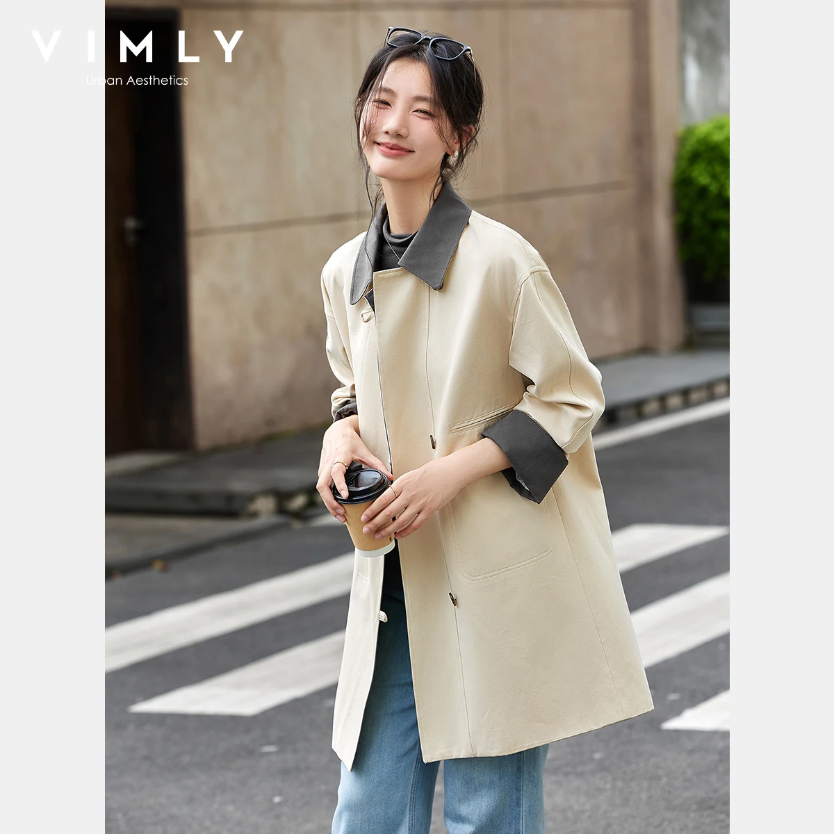 VIMLY Midi Trench Coat Woman Office Wear Contrast Color Women's Autumn Coat 2025 Turn-down Neck Long Sleeve Ladies Coats A2219