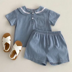 Children Summer Denim Clothes Set Baby Girl 2Pcs Solid Sailor Short Sleeve T-shirts Top Tees+Kid Boy Loose Simple Cotton Shorts