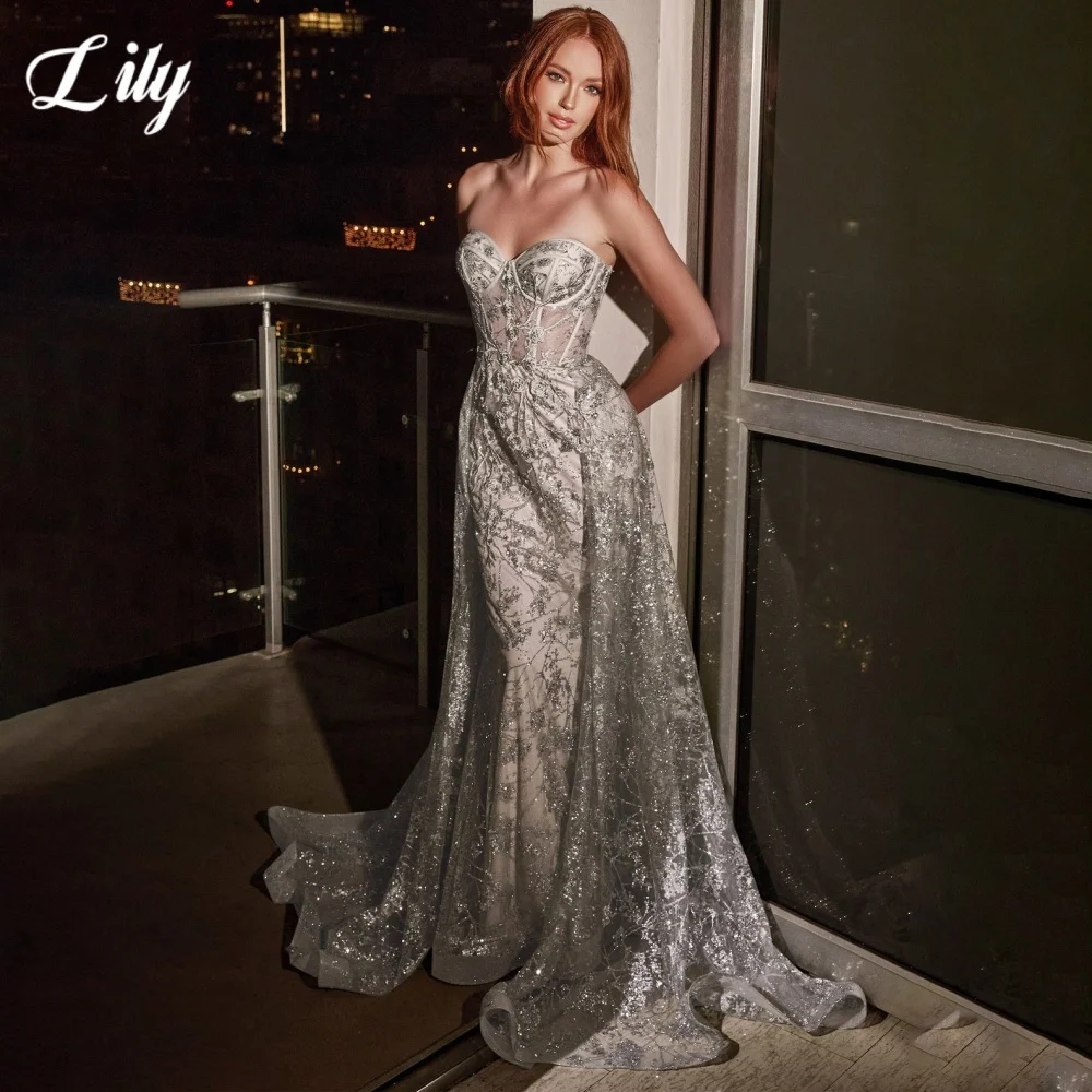 Lily Rose Gold Elegant Prom Dresses Sweetheart Hollow Backless Prom Gown Shiny Lace Applique Formal Gown for Woman Customized