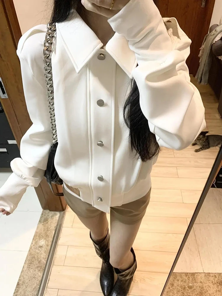 White Vintage Cropped Jacket Women Streetwear Slim Fit Button Long Sleeve Coats Harajuku Hottie Japanese Casual Female Outwear