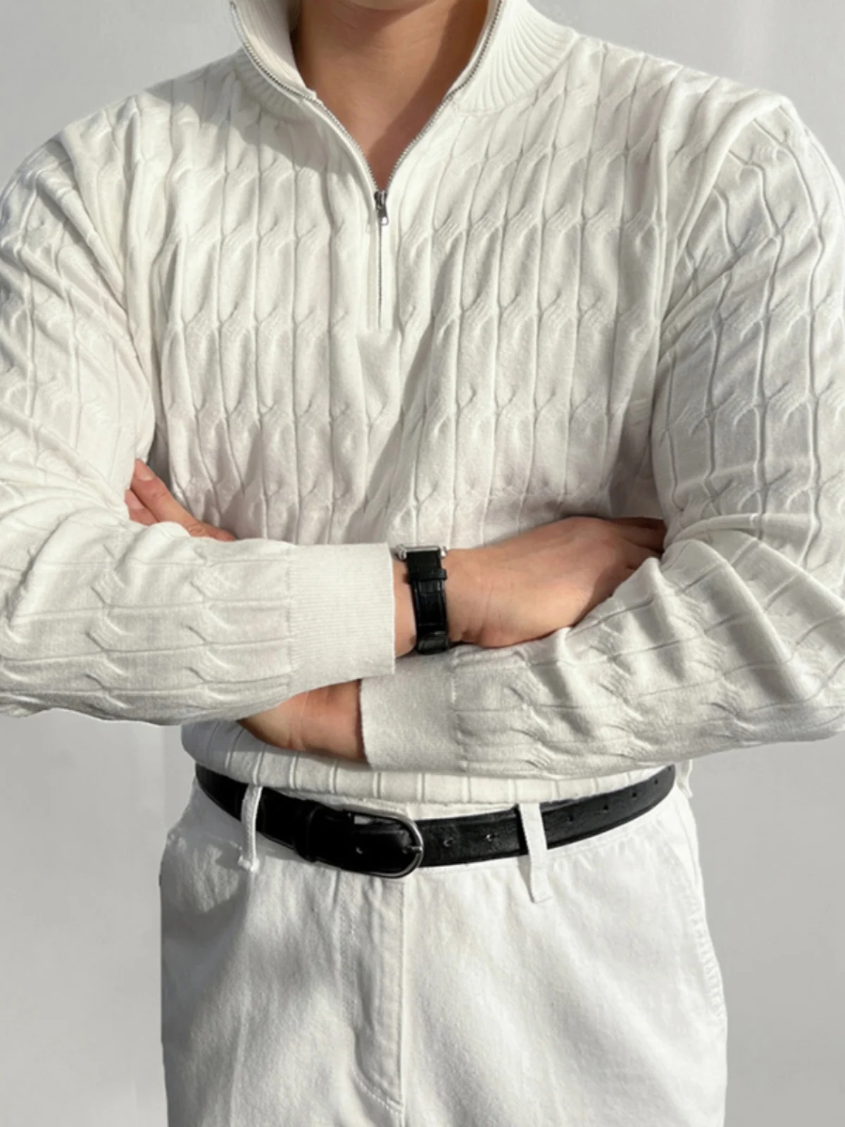 

Мужской вязаный свитер с высоким воротником на молнии, стильный белый верхний одеколон для активного молодежного образа жизни